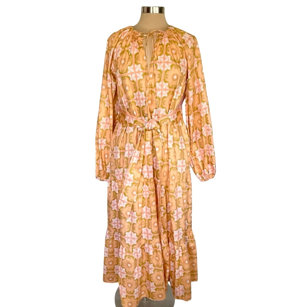 Ivy City Boho Retro Floral Medallion Tiered Maxi Dress Sz XS Peach Long Sleeve